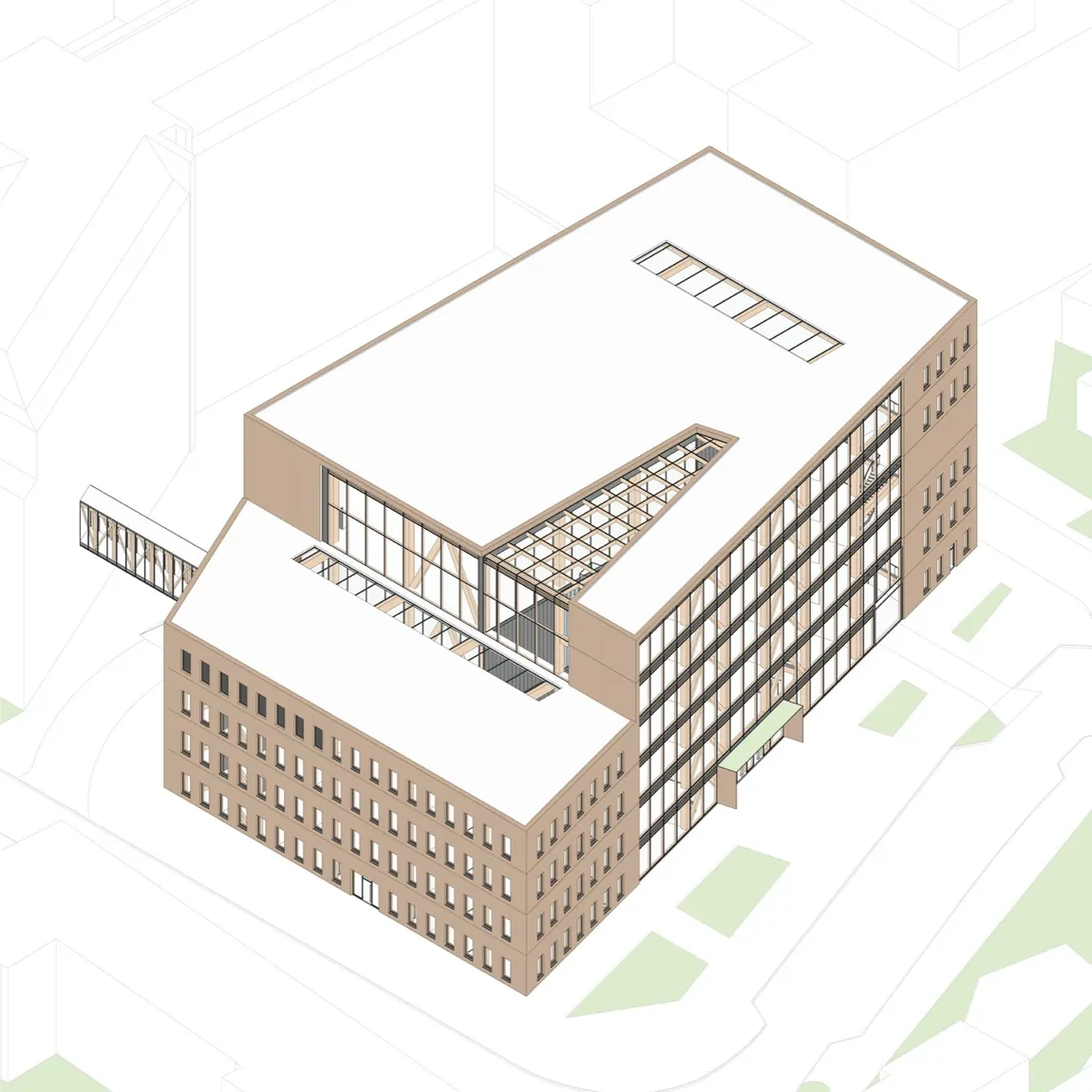 Axonometrie des greenCONTI mit Holzfassade, Glasfassade und Oberlichtern