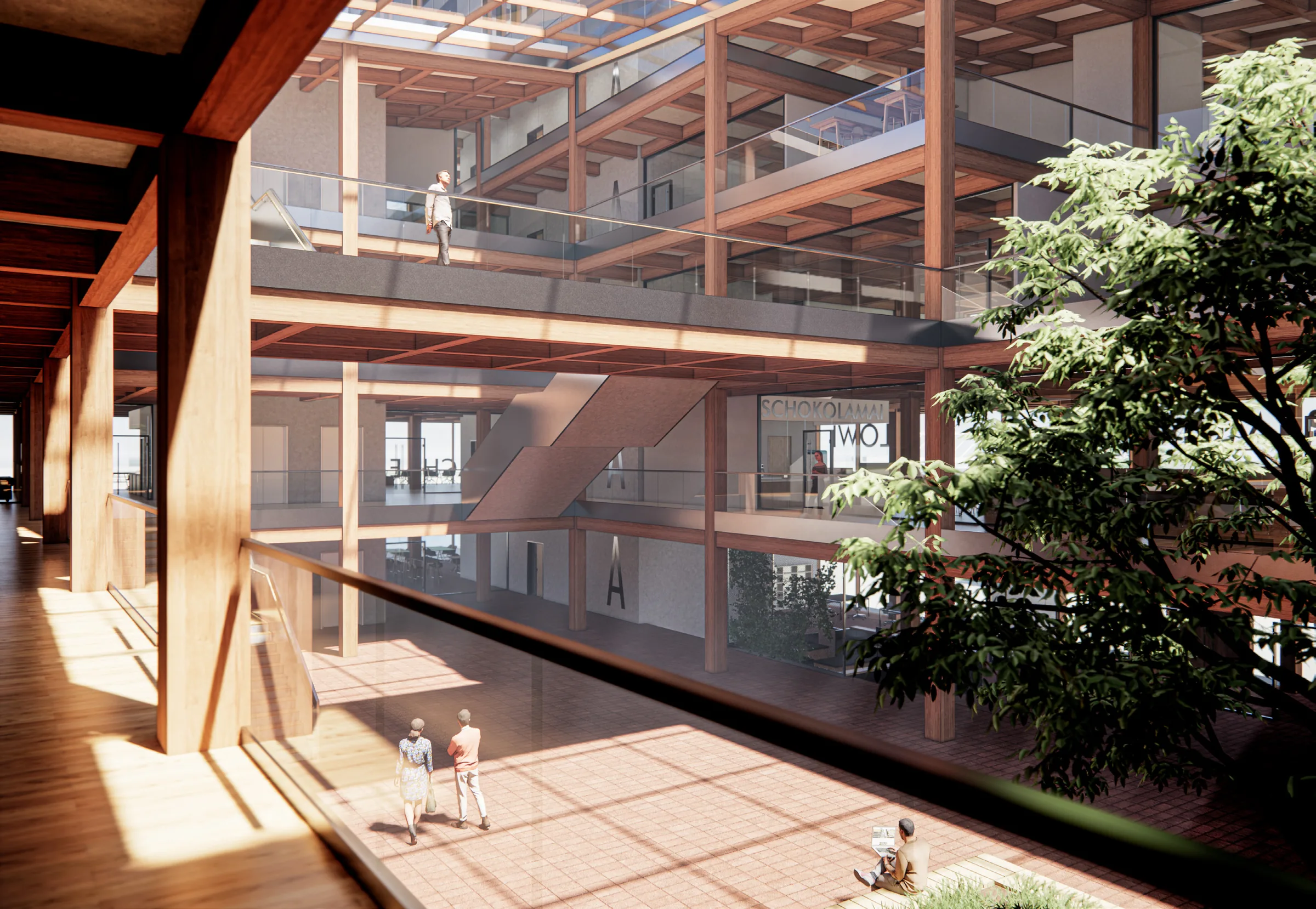 Atrium mit Holztragwerk, Galerien und Treppe