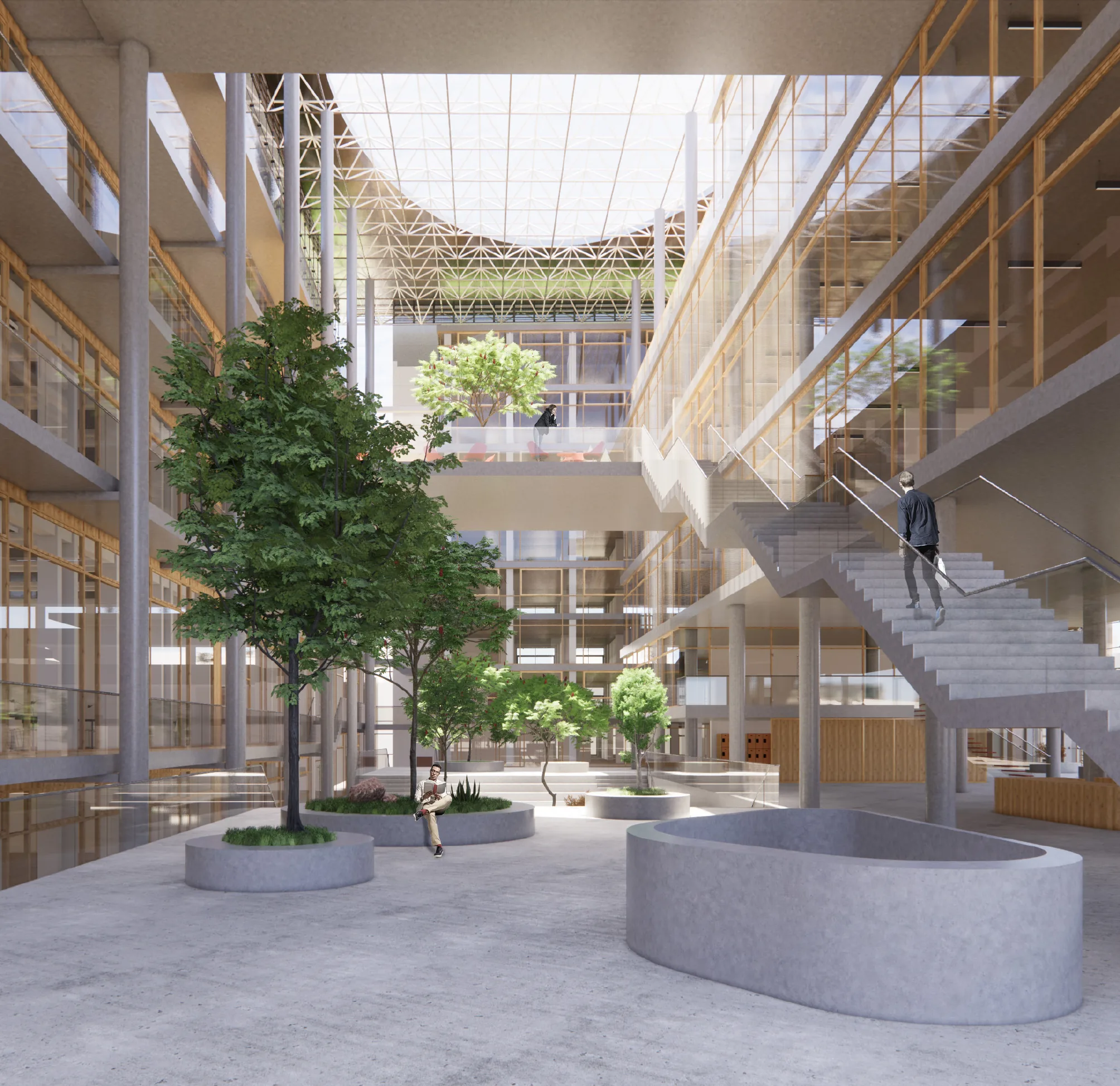Atrium mit Bäumen, Treppe und Holzgalerien